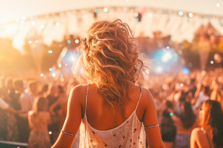Back view of a girl dancing in front of the crowd at a music festival.の素材