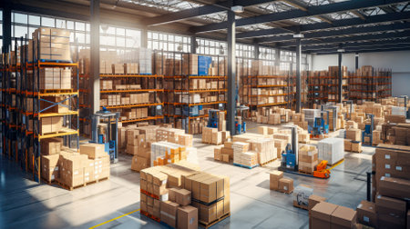 Warehouse interior with a lot of shelves and boxesの素材