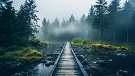 Wooden bridge on a mountain river in the misty morningの素材