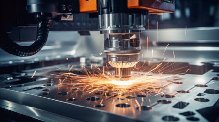 CNC milling machine cutting the sheet metal with the sparking light. hi-technology automotive part manufacturing processの素材