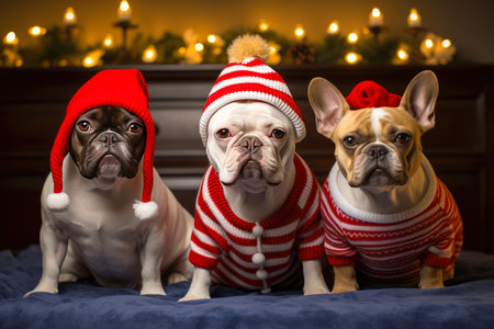 Three dogs in Santa Claus clothes on a dark background. New Year and Christmasの素材