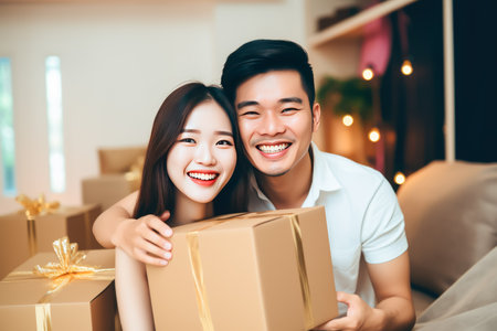 Young asian man and woman holding parcel box in living roomの写真素材