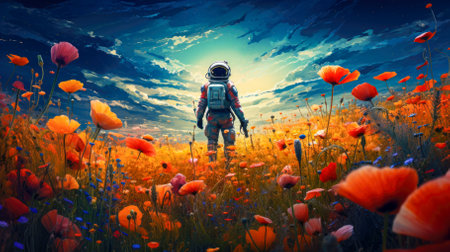 Astronaut in the field of poppiesの写真素材