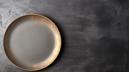 Empty black plate on a dark background. top view. copy spaceの素材