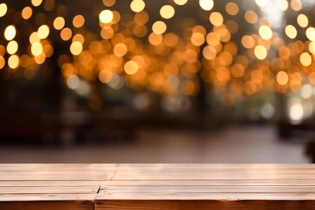 Wooden table in front of blurred background of cafe or restaurantの素材
