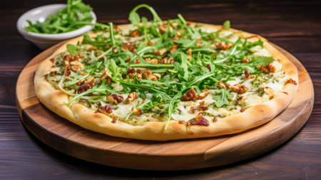 Pizza with arugula and walnuts on a wooden background. Generative AI.の素材