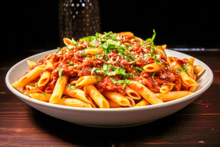 Penne pasta with tomato sauce and basil in bowl on black background. Generative AI.の素材