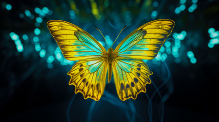 Butterfly with orange wings on a blue background. Generative AI.の素材