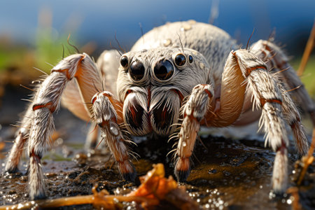 jumping spider close up on a black background with water droplets. Generative AI.の素材