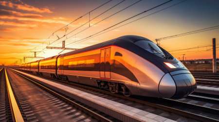 Modern high-speed train on the railroad at sunset. Shallow depth of fieldの写真素材