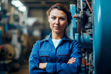 Portrait of young female mechanic standing with crossed arms in factoryの素材