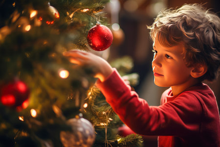 Cute little boy decorating Christmas tree at home. Merry Christmas and Happy New Yearの素材