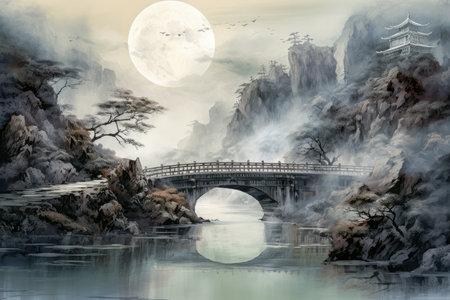 Watercolor painting of a bridge over the river in the parkの素材