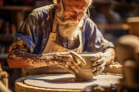 Hands of a potter, creating an earthen jar.の素材