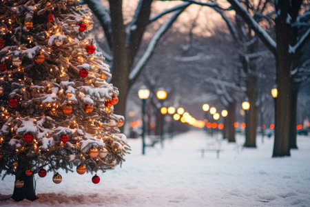 Christmas tree in the city park in winter with snowfall and lights.の素材