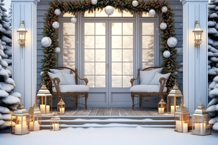 Beautiful decorated porch with Christmas tree and garland at home. Festive decoration.の素材