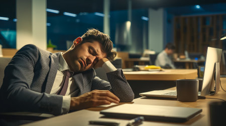 Tired young businessman sleeping at night in office. Tired businessman sleeping at workplaceの素材