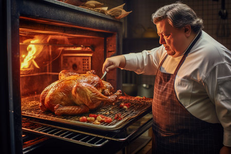 Elderly man cooking chicken in the oven at home kitchenの素材