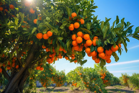 Tangerines on a tree in the garden. Tangerine orchardの素材