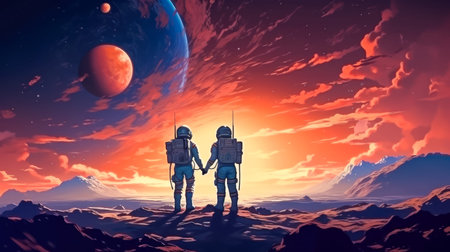 Astronaut and astronaut on the background of the planet.
