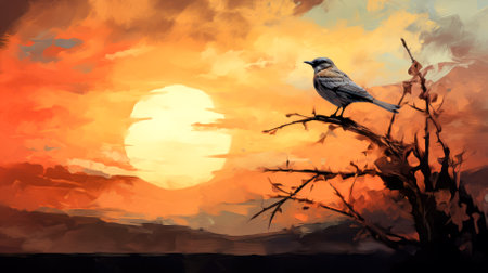 seagull sitting on a branch of a tree at sunset.の素材