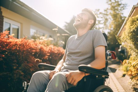 Young man in a wheelchair is laughing. He is sitting on his wheelchairの素材