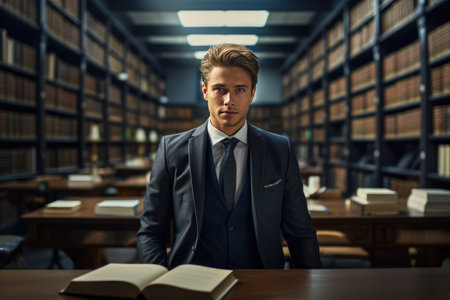 Portrait of a handsome young man in a classic suit in a library.の素材