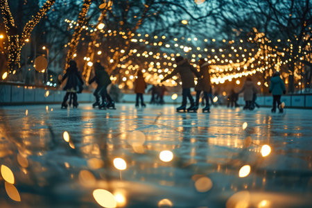 charming ice rink illuminated by twinkling lights, where children are learning to ice skate under the guidance of their instructorの素材