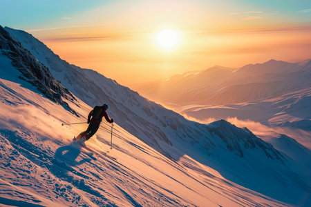 person skiing down a mountain, with a beautiful sunset in the background.の素材