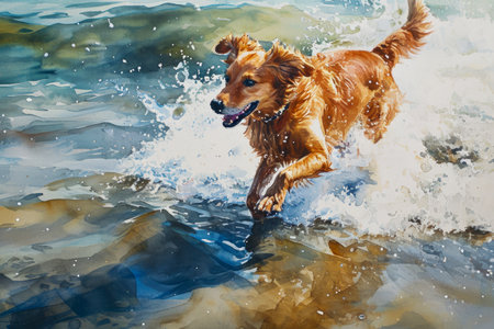 Portrait of a dog running along the beach watercolor.の素材
