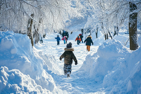 snow-covered park, where children are engaged in a spirited snowball fightの素材
