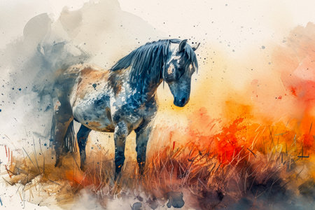 Watercolor portrait of a horse standing in a meadow.の素材