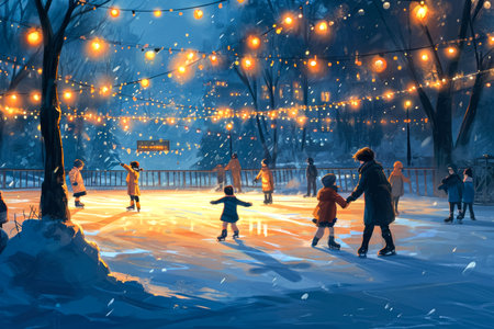 charming ice rink illuminated by twinkling lights, where children are learning to ice skate under the guidance of their instructor.の素材