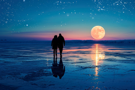 couple ice skating on a frozen pond, with a full moon in the sky.の素材