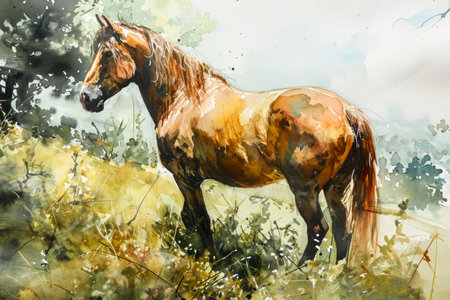 Watercolor portrait of a horse standing in a meadow.の素材