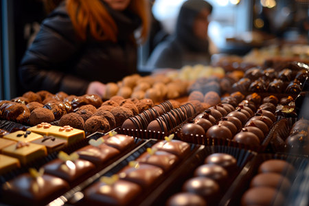 Amongst a display of gourmet chocolates, a woman with a sweet tooth marvels at the artistry of each handcrafted treatの素材