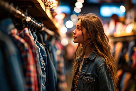 In a bustling department store, a young woman clad in casual attire navigates through the aisles.の素材