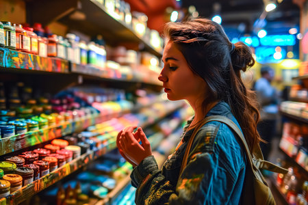 Surrounded by shelves stocked with art supplies, a budding artist gazes at a display of vibrant paints.の素材