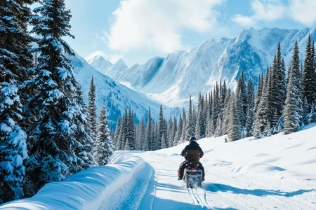 person snowmobiling through the mountains.の素材