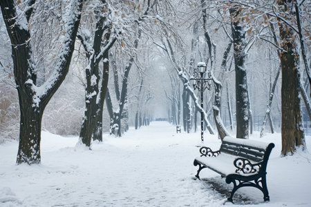 snow-covered park with a bench.の素材