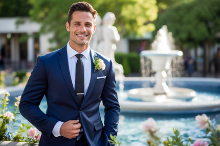 man in a blue tuxedo stands in front of a large fountain.の素材
