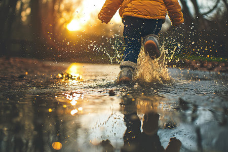 child jumping in a puddle and splashing water everywhere.の素材
