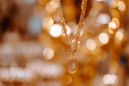 close-up of a gold earring, with a gemstone in the center.の素材