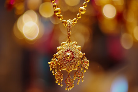 close-up of a gold necklace, with a pendant hanging from it.の素材