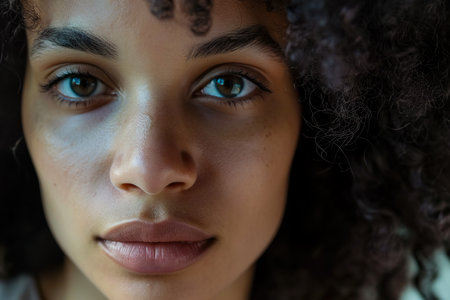 close-up of a woman face with a serious expression.の素材