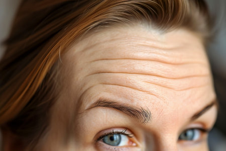 close-up of a woman forehead with a few wrinklesの素材