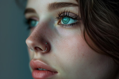 close-up of a woman nose with a small piercingの素材