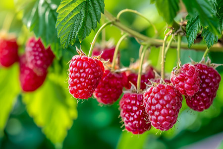 cluster of fresh raspberries, with a few still on the vine.の素材
