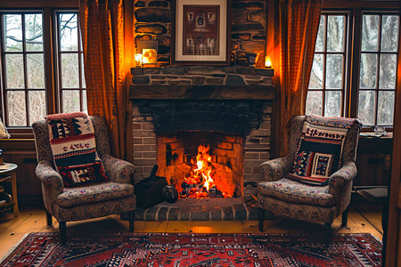 cozy fireplace with crackling flames, surrounded by comfortable armchairs and a rug.の素材