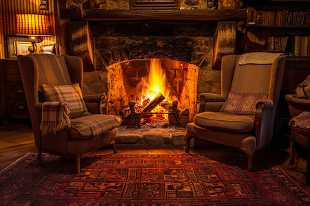 cozy fireplace with crackling flames, surrounded by comfortable armchairs and a rug.の素材